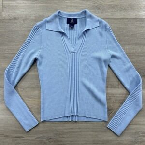 SO GSJC Medium Blue Ribbed‎ V Neck Collared Long Sleeve 90s Y2K Slim